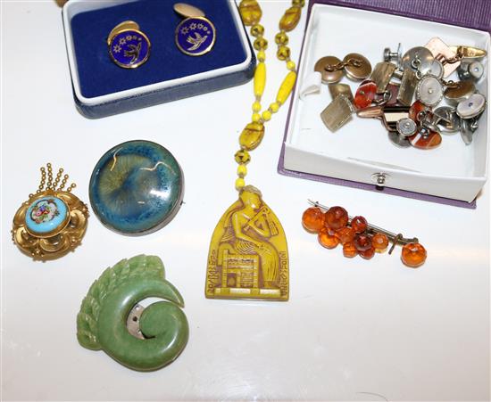 Cufflinks and costume jewellery including Ruskin plaque